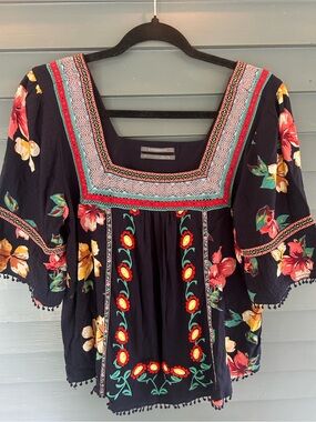 Anthropologie Embroidered Floral Square-Neck Peasant Top - Navy